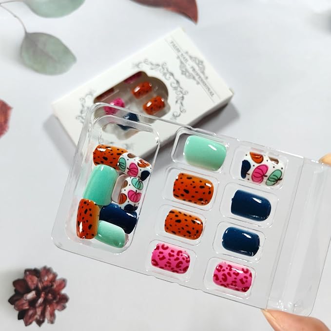 Colorful Pumpkin Press on Nails Short Square Fake Nails Cute False Nails with Leopard Spots Design Fall Glue on Nails Thanksgiving Acrylic Nail Glossy Stick on Nail for Women 24Pcs
