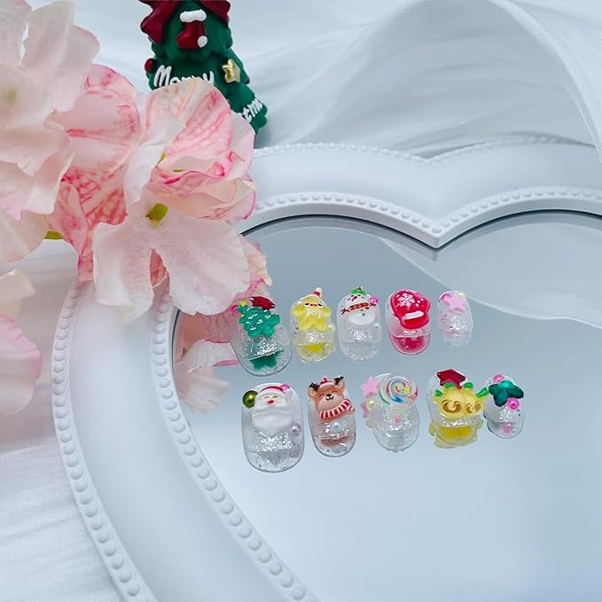10Pcs Christmas Press on Nails Short Square Fake Nails Petite Cute Christmas False Nails with Santa Claus Snowman Christmas Tree Bells Rhinestones Design Glitter Winter Xmas Glue on Nail for Women DIY