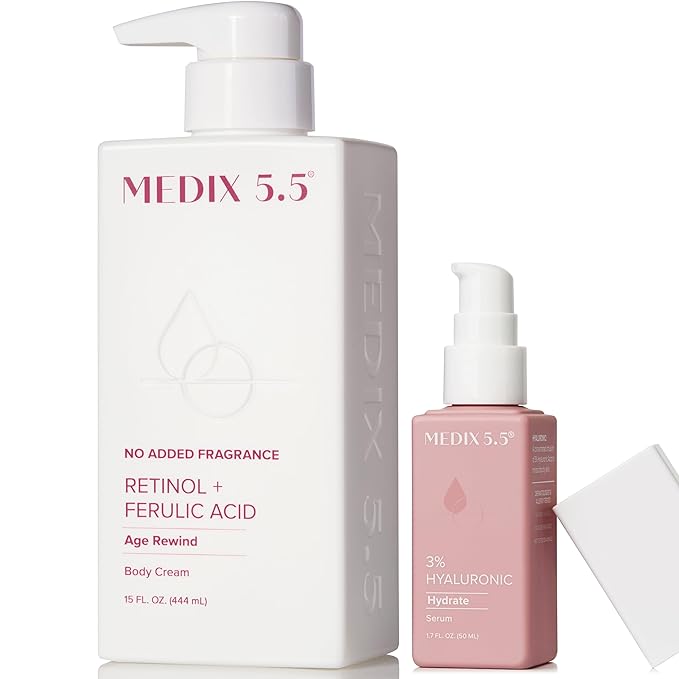 MEDIX Fragrance Free Firming Retinol Body Lotion + 3% Hyaluronic Acid Serum Booster 2pc Skin Care Set | Crepey Skin Care Treatment | Anti Aging Body Cream & Face Moisturizer For Crepe Skin & Dry Skin