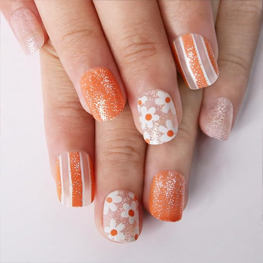 Spring Press on Nails Short Flower Fake Nails Square Shaped False Nails Floral Designs Acrylic Nail Tips Glossy Glitter Glue on Nails Spring Summer Artificial Stick on Nails for Women Girls