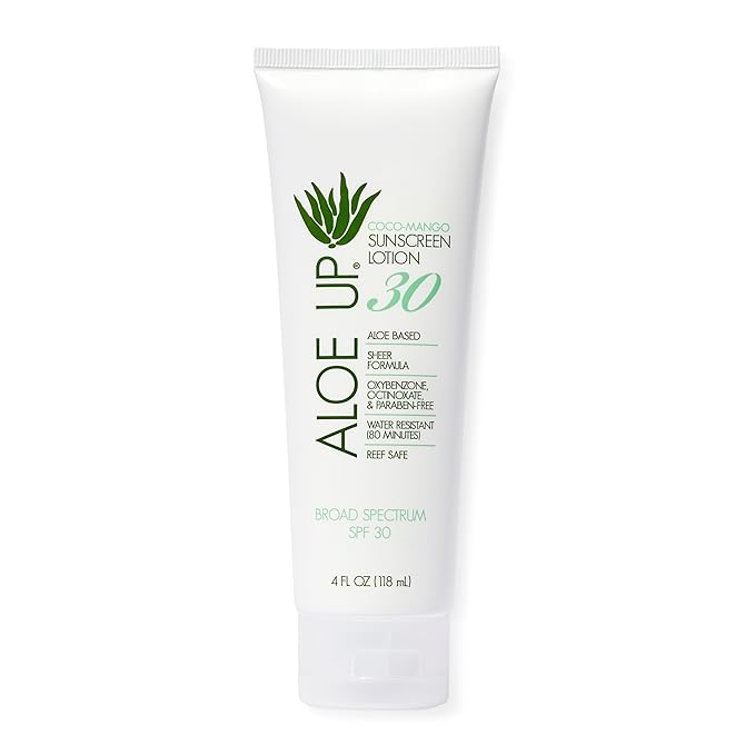 Aloe Up White Collection Sunscreen Lotion SPF 30 - Broad Spectrum UVA/UVB Sunblock for Face and Body - With Aloe Vera Gel - Alcohol-Free - Reef-Friendly - Coco-Mango Fragrance - 4 Oz