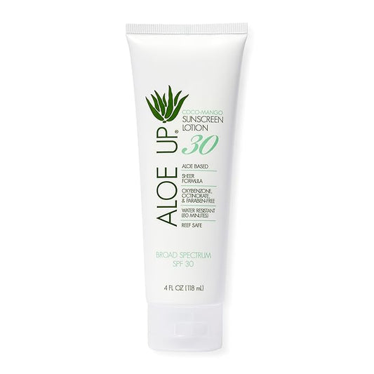 Aloe Up White Collection Sunscreen Lotion SPF 30 - Broad Spectrum UVA/UVB Sunblock for Face and Body - With Aloe Vera Gel - Alcohol-Free - Reef-Friendly - Coco-Mango Fragrance - 4 Oz