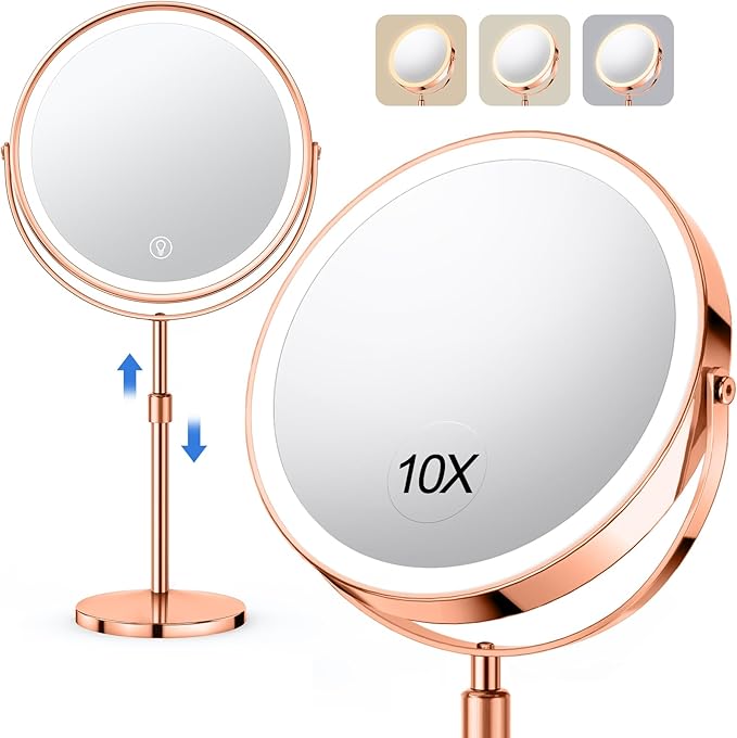 10X Large Lighted Makeup Mirror, Rechargeable 8" Height Adjustable Vanity Mirror, 1x/10x Magnifying Mirror with 3 Color, Brightness Adjustable, 360° Rotation Double Sided Mirror, Ideal Gift(Rose Gold)