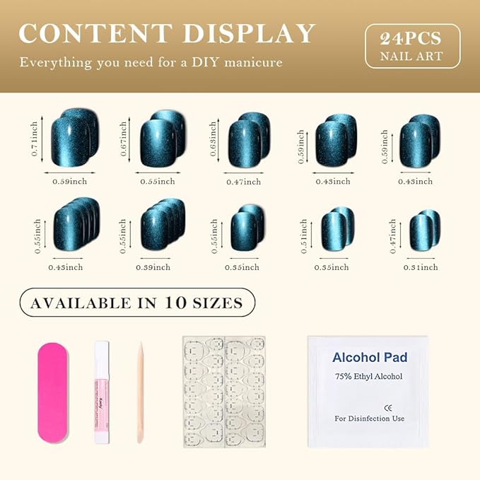 Peacock Blue Cat Eye Short Press on Nails Square, Blue Short Square Glue on Nails for Women Gift, Metallic Glitter Glossy Reusable Spring Summer Stick Gel Press on Acrylic Fake Nail with Designs 03