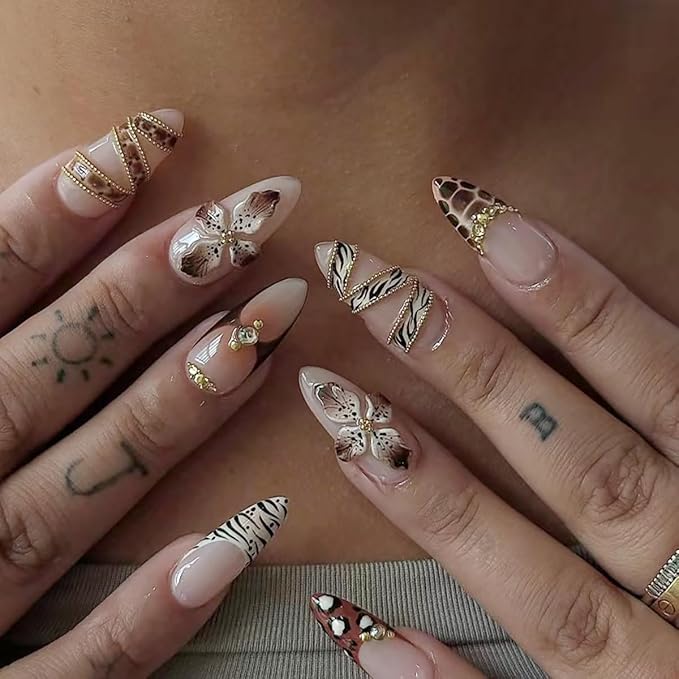 Fall Almond Press on Nails Medium French Tip Fake Nails Luxury Gold Beads Glue on Nail Brown Handmade Acrylic Nails Autumn Flower False Nail Leopard Print Tip Stiletto Stick on Nail for Women 24Pcs