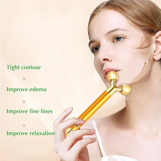 2-in-1 Electric Face Massager 24k Golden Facial Massager, 3D Roller and T Shape Facial Roller Massager Kit Skin Care Tools