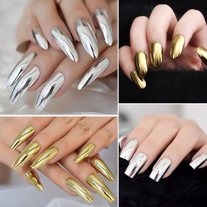 evpct 2Pcs Gold Silver Metallic Mirror Effect Chrome Nail Powder Kit for Nails Polish Rainbow Holographic Iridescent Chameleon Neon Nail Pigment Mirror Chrome Nails Powder for Gel Nails Glitter