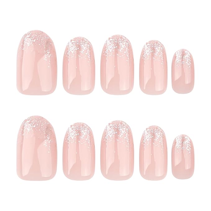 Gold Press On Nails Short Ovale, Gold Glitter Ombre Design False Nails Short, Reusable Stick On Fake Nails with Glue For Women, 12 Sizes-24 Salon Quality Nail Kit, Gift for Woman