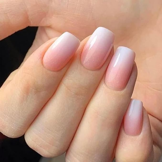 Modelones Pink Ombre Press on Nails, Christmas Short Square Fake Nails, Reusable Nail Kit with Nail Glue Adhesive Tabs Mini Nail File, Nails Press Ons 32Pcs 16 Sizes, Women Girl Gift