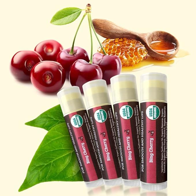 Earth's Daughter USDA Organic Lip Balm 4-Pack Stocking Stuffers - Cherry Flavor - Beeswax, Coconut Oil, Vitamin E - Best Lip Repair Chapstick for Dry Cracked Lips.