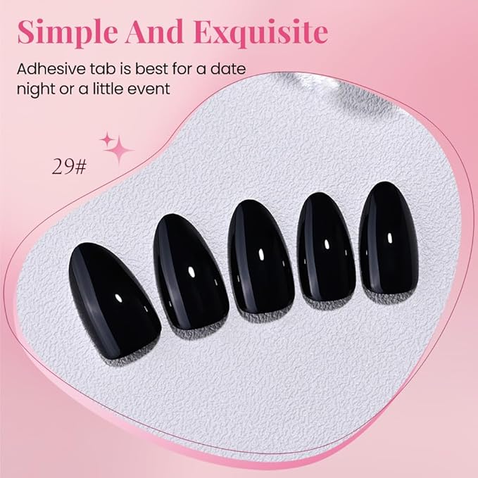 evpct Glossy Press on Nails Short Almond Short for Women, Black Fake Nail with Glue Salon Quality Reusable Stick on Nails In 15 Sizes 30Pcs Full Cover False Nail Soft Gel Set Kit for Gift, 29