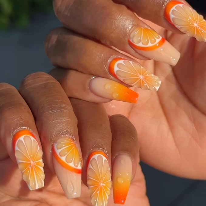 24Pcs Summer Fruit Press on Nails Medium Square Coffin Fake Nails with 3D Orange Water Drop Design Orange Gradient French Tip False Acrylic Nails Summer Full Cover Glue on Nails for Women