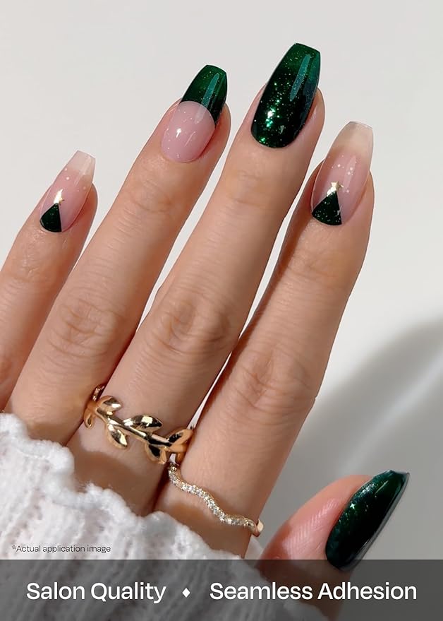 ohora Semi Cured Gel Nail Strips (N Holiday Pine) - Works with Any Lamps, Salon-Quality, Long Lasting, Easy to Apply & Remove - Includes 2 Prep Pads, Nail File & Wooden Stick