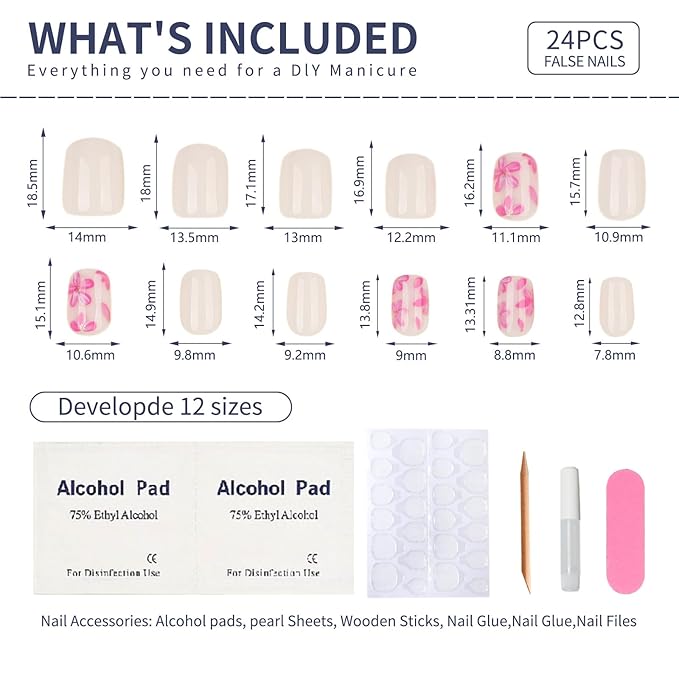 White Press On Nails Square Short, Pink Flower Fake Nails with 3D Floral Design, Glossy Finish Reusable Acrylic Nails, Natural Glue On Nails Kit for Women, 24Pcs