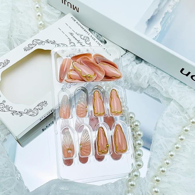 24Pcs Nude Press on Nails Almond Medium Fake Nails with Gold Bead Designs Glitter 3D Texture Acrylic Nails Full Cover False Nails Kit White French Glue on Nails Stiletto Artificial Nails for Women