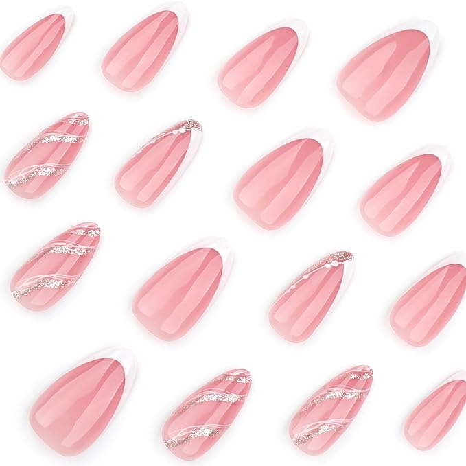 White French Tip Press On Nails Short Almond, Rose Gold Tip Designer Reusable Acrylic Fake Nails with Glue On Nails, Glossy Soft Gel Nails Wedding and Party, Stick On Nails for Women Gift