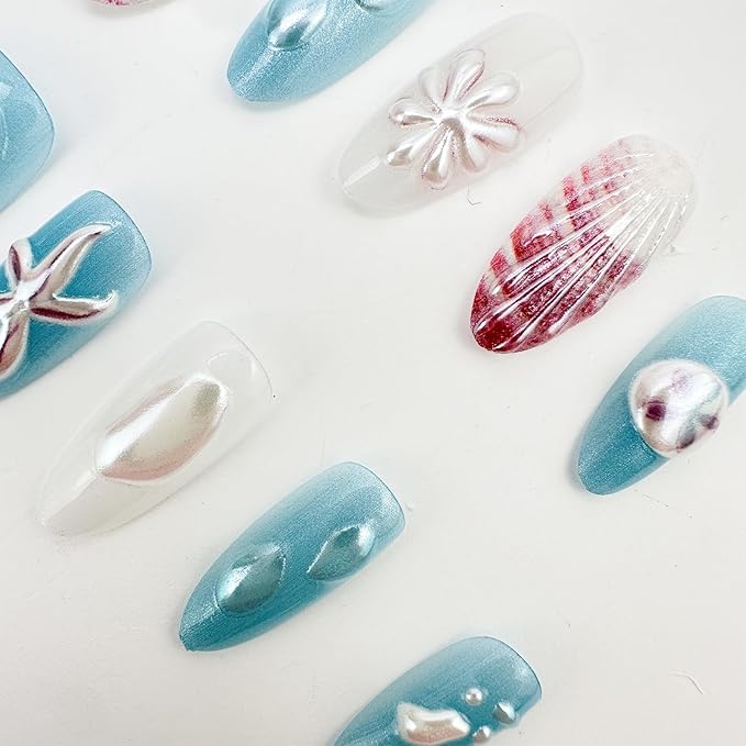 30Pcs Summer Press on Nails Medium Almond Fake Nails with 3D Pearl Ice Flower Shell Design White French Tip Acrylic False Nails Spring Floral Blue Ombre Full Cover Stick on Nails for Women