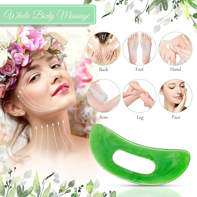 Treela 5 Pcs Gua Sha Facial Tools Set and 1 Pcs Body Gua Sha Massage Tool with Handle for Face Back Neck Leg Body Scraping Massage Board Guasha Comb(Jade, Resin,Green)