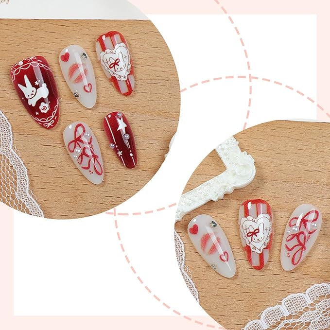 30Pcs Butterfly Cartoon Rabbit Press on Nails Medium Almond Fake Nails with Rhinestone Pearl Design Heart Red Lips False Fingernails Cute Stick on Nails Spring Handmade Nails for Women DIY