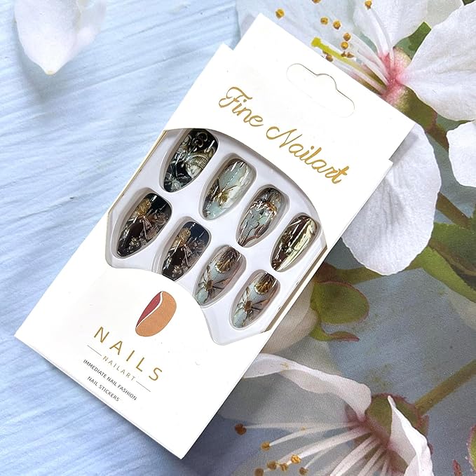 Press on Nails Almond Medium Gold Metal Butterfly Pattern Design Full Cover Glossy Artificial Fingernails Almond Shaped Acrylic Fake Nail 24Pcs Reusable Glue on Nails for Women