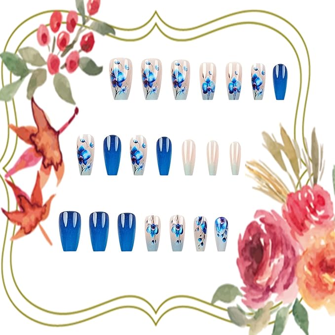 24Pcs Blue Flower Press on Nails Medium Ballet Shaped Blue Gradient Acrylic False Nail Artificial Floral Stick on Nail Press Ons with Blossom Design Glossy Reusable Glue on Nails for Women