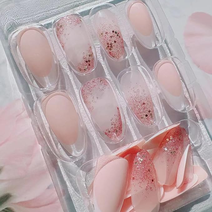 French Tip Press on Nails Medium Length Square - French Manicure Press on Nails Starry Sky Sparkly Design,False Nails high-end feeling Flashing pink Glossy Reusable Stick on Nails Medium French Nails