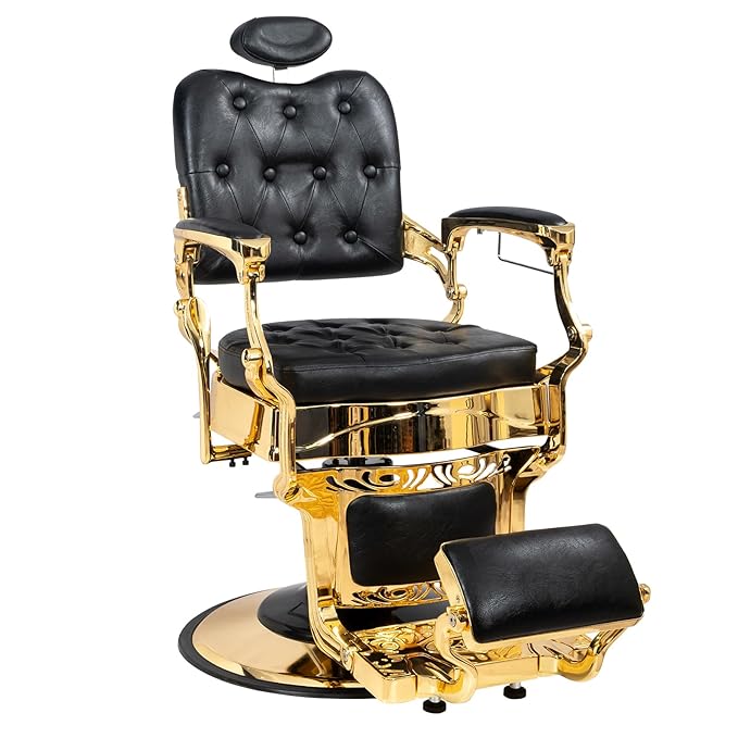 Winado Heavy Duty Vintage Recline Barber Chair Hydraulic with Headrest, Supports up to 700lbs & 360° Rotatable, Professional Salon Beauty Spa Shampoo Equipment (Gold - Square Backrest)