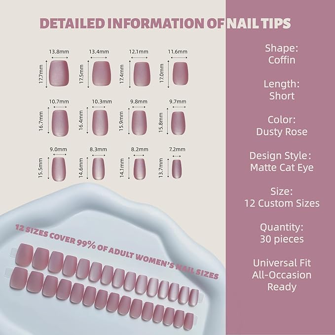 Press On Nails – 30PCS Short Coffin Matte Cat Eye Fake Nails in Dusty Rose – Durable Glue-On Nails for Women with 12 Sizes – Reusable & All-Occasion Ready