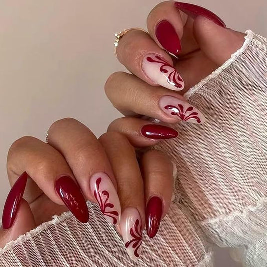 Press on Nails Medium Almond Fake Nails Red Lace False Nails Glossy Acrylic Nails Wine Red Artificial Nails Full Cover Glue on Nails for Women Girls Manicure Nails Decoration 24Pcs