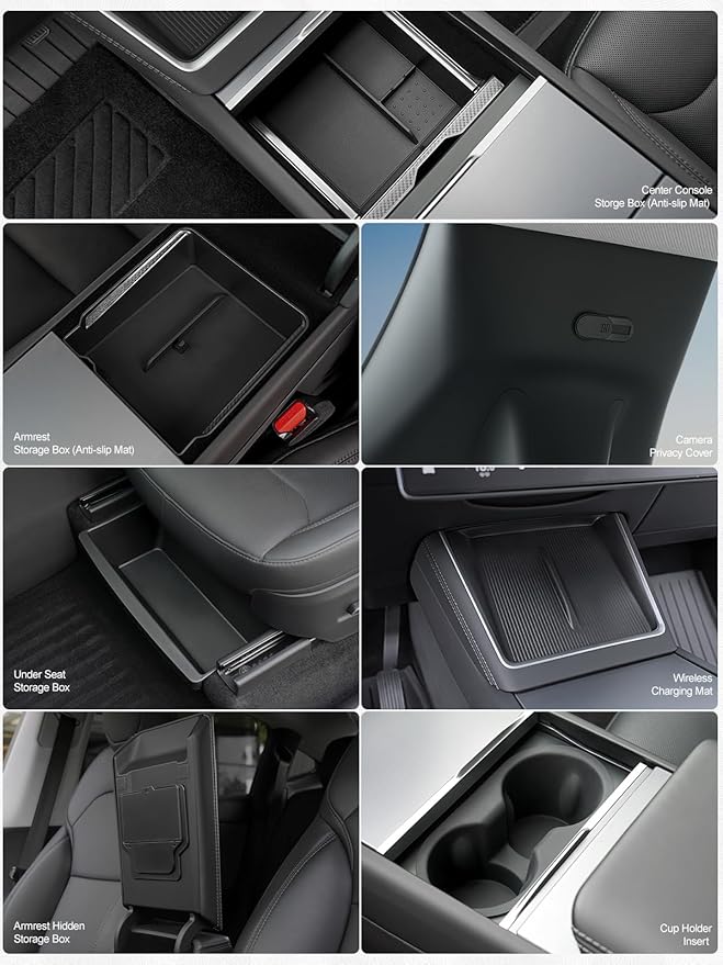 10PCS Center Console Organizer Tray for 2025 2026 Tesla Model Y Juniper Accessories, Under Seat Storage Armrest Hidden Storage Box Cup Holder Charger Pad for Tesla Model Y Juniper