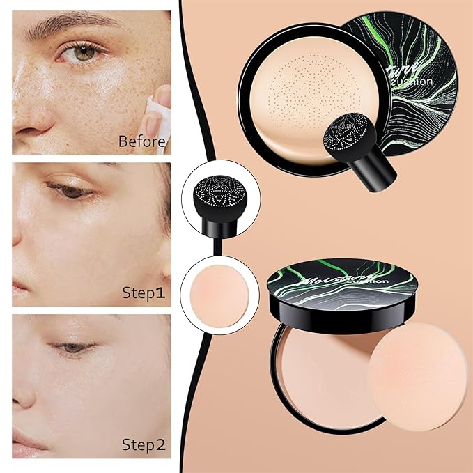 OETUIOW Mushroom Head Air Cushion CC Cream with Setting Powder Makeup Set, Controls Shine & Smooths Complexion, Blurs Fine Lines & Imperfections, Even Skin Tone for All Skin Types (Natural Color)