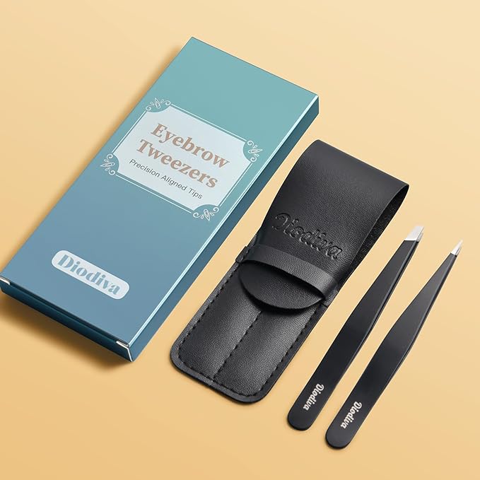 2-Pack Tweezers for Eyebrows, Facial Hair, Ingrown Hair Removal, Slant and Point Tip Tweezer Set for Women and Men, Professional Stainless Steel Precision Eyebrow Plucking Grooming with Case - Black