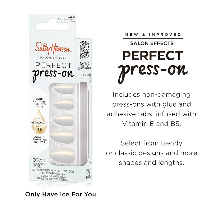 Sally Hansen Salon Effects Perfect Press-On Nails | Almond Shape | Easy to Apply, Non-Damaging | 30 Nails, Nail Glue, Adhesive Tabs, File | Only Have Ice For You