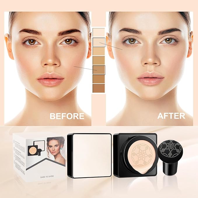 Air Cushion CC Cream Mushroom Head - Moisturizing Screw Lid Concealer Makeup Base Create Long-Lasting & Waterproof Makeup, Cushion Foundation Full Coverage for All Skin Types (Ivory)