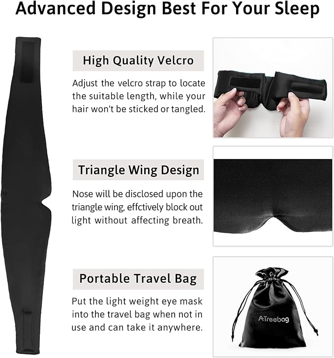 Silk Sleep Mask for Women Men, Mulberry Silk Eye Sleeping Mask & Blindfold with Adjustable Velcro Strap, Blackout Eye Cover for Sleep Travel Yoga Nap, Large Size, Black