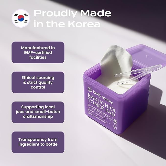 Body Restore Bakuchiol Toner Pads – Christmas Stocking Stuffers, White Elephant, Korean Skin Care, Face Wipe with Niacinamide & Hyaluronic Acid, Travel Essentials, Birthday Gifts for Women, Men