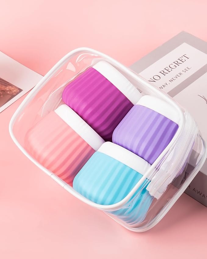 4 Pack Travel Size Silicone Jars, TSA Approved, Leak Proof, Bright Colors, 90ml Each, Cylindrical, With Clear Bag