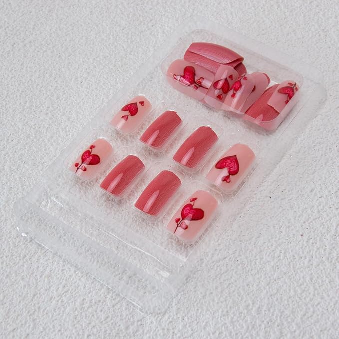 Red Press on Nails Short Square Fake Nails Heart Acrylic Nails False Nails Clossy Stick on Nails Cute Artificial Nails for Women Girls Manicure 24Pcs