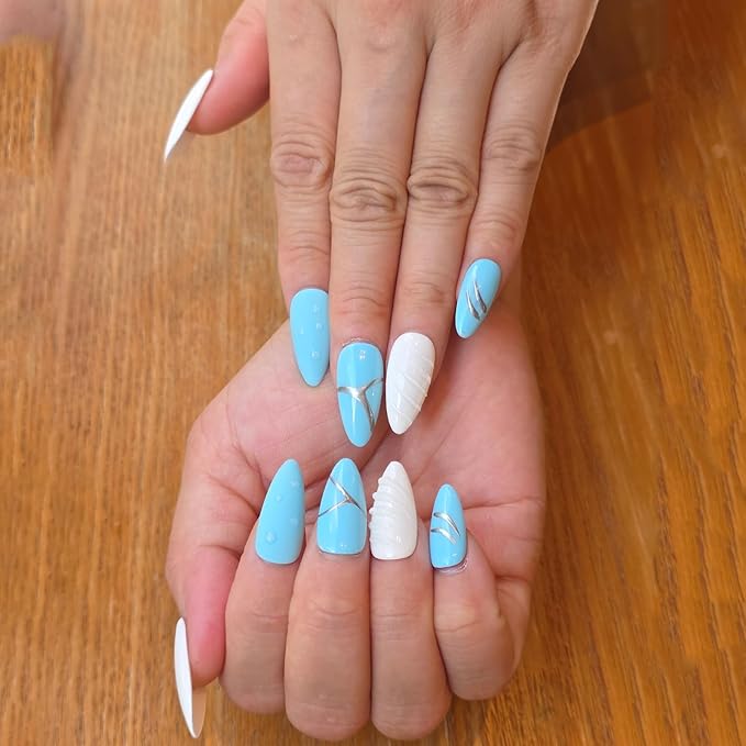 Blue White 3D Press On Nails Medium Almond, 3D Shell Mermaid Raindrop Handmade Gel Acrylic Nails 10pcs with Hand Drawn Silver Lines (Mermaid Tears, Size M)