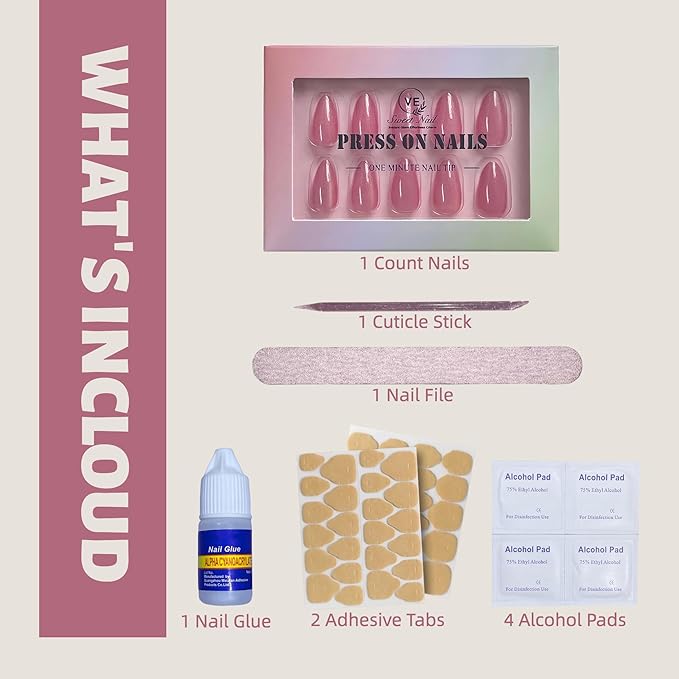 30PCS Short Almond Press-On Nails – Rose Cat Eye Fake Nails in 15 Sizes, Soft Back Edge & Strong Tips, No Measuring Needed, Reusable Stick-On Nail Tips for All Occasions