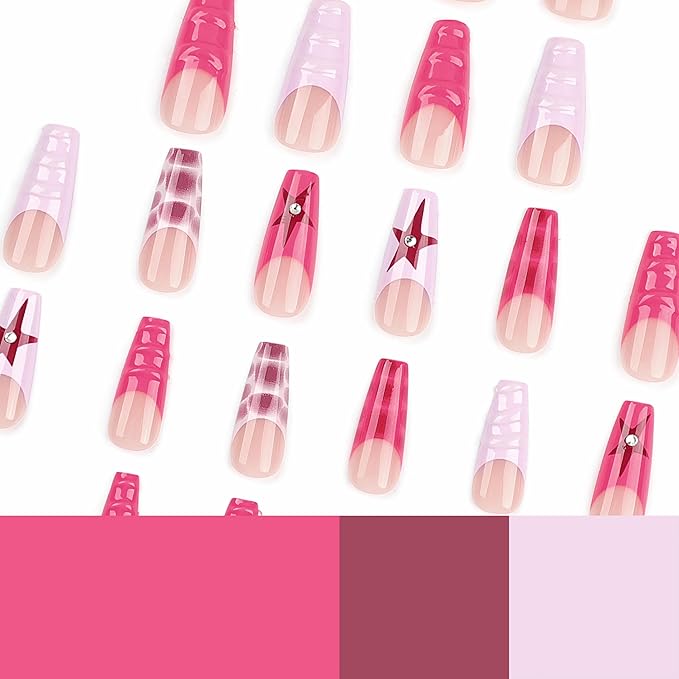 BABALAL Pink Star Press on Nails Long Coffin Fake Nails French Tip Glue on Nails Acrylic Nails 3d Texture Water Wave Design Y2k Stick on False Nails 24Pcs Ballerina Nails Press on