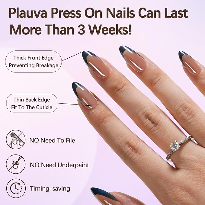 French Tip Press on Nails, 150Pcs Medium Almond Press on Nails, Chrome Nail Tips Glue On Nails, Soft Gel Fake Nails Reusable Stick On Nails for Women 15 Sizes