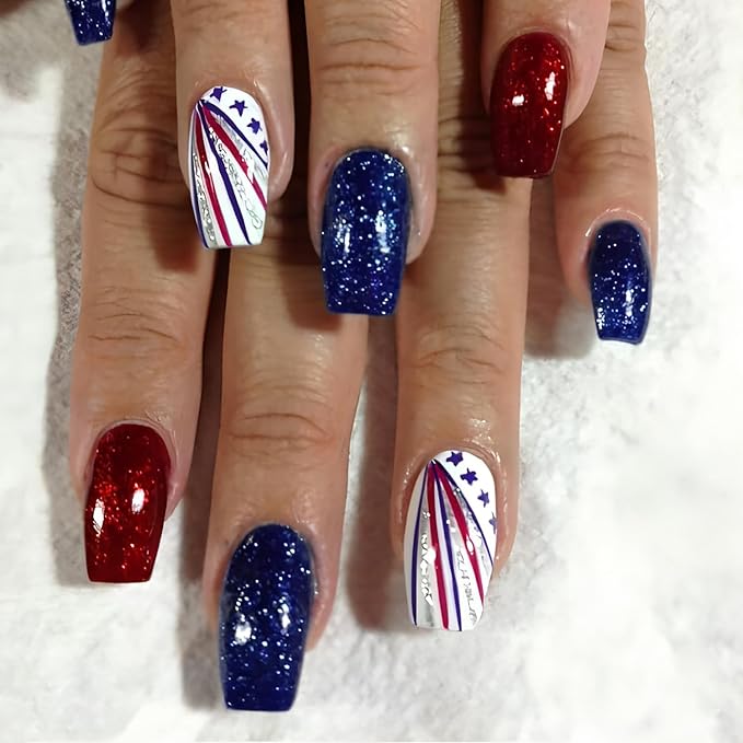 24Pcs Independence Day Press on Nails Medium Square Fake Nails Red Blue Glitter Full Cover False Nails Patriotic Artificial Glue on Nails 4th of July Acrylic Nails Stripe Star Stick on Nails for Women