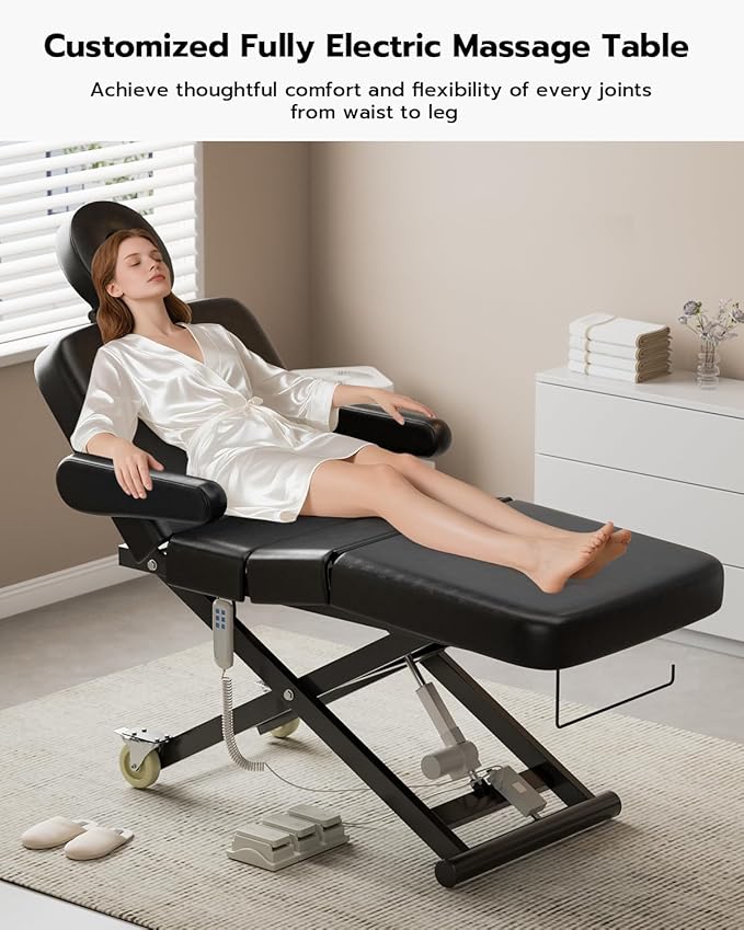 Paddie 3 Motor Fully Electric Lash Bed with Face Cradle & Foot Pedal, 550lbs Electric Lift Massage Table with Independent Leg Adjustment & Rolling Wheels, Dental/Exam/Treatment/Spa/Tattoo, Black