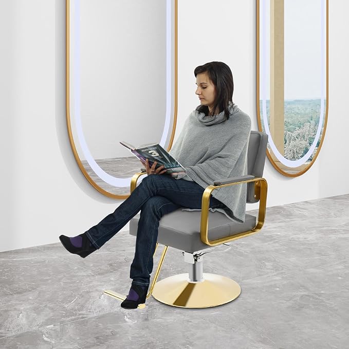 Barber Salon Chair, Hair Salon Chair for Hair Stylist for Barbershop Home Height Adjustable & 360° Swivel Styling Barber Chairs Spa Beauty Equipment, Max Load Weight 440Lbs (Grey+Gold)