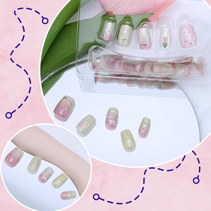30Pcs Pink Press on Nails Short Square Fake Nails with Embossed Designs Glue on Nails Spring Summer Acrylic Nails Full Cover Butterfly False Nails Star Moon Stick on Nails for Women Nail Decoration