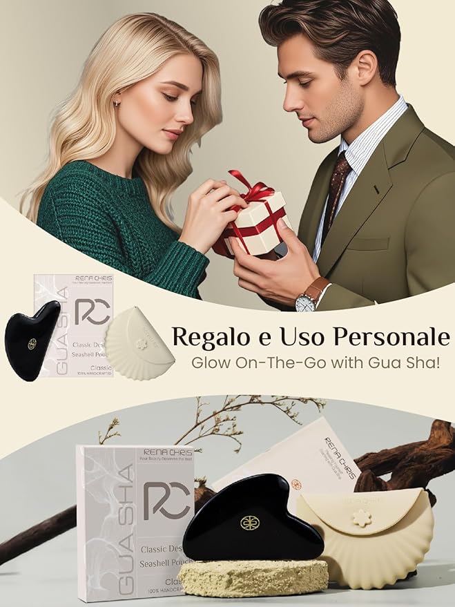 Rena Chris Gua Sha Facial Tools, Ergonomic Black Obsidian Jade Guasha Tool for Face Massage, Manual Facial Massager Tool for Jawline Sculpting and Puffiness Reduction with Silicone Case (Black)