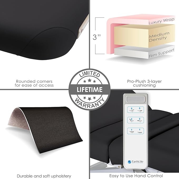 EarthLite Ellora Electric Lift Salon Massage Table, Manual Tilt, Made in USA, 32" x 73", Black