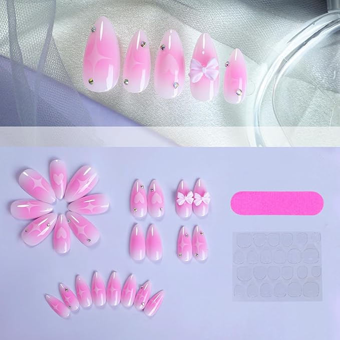 24Pcs Pink Press on Nails Medium Almond Fake Nails with Heart Star Design Pink Gradient False Nails 3D Bow Full Cover Stick on Nail Glossy Acrylic Nails Cute Artificial Nail for Women Manicure