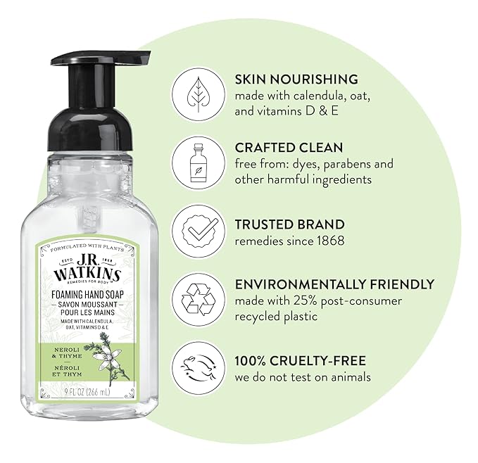 J.R. Watkins Foaming Hand Soap with Pump Dispenser, Moisturizing Foam Hand Wash, Alcohol-Free, Cruelty-Free, Neroli & Thyme, 9 fl oz, 3 Pack